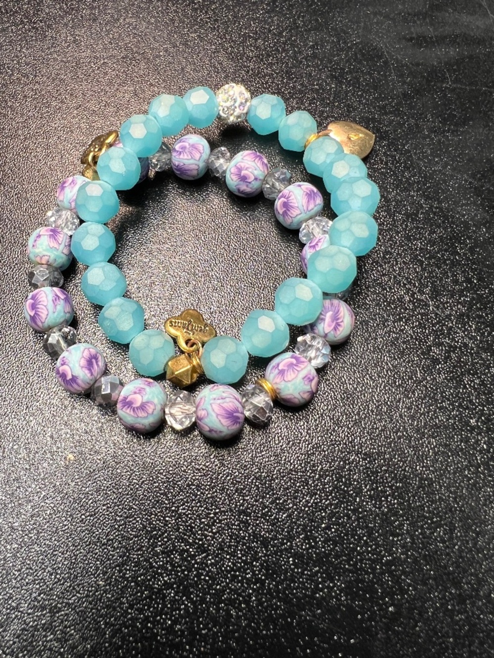 Erimish Gem Jams Kids Beaded Stretch Bracelet Stack 2pc Set Floral & Sea Blue